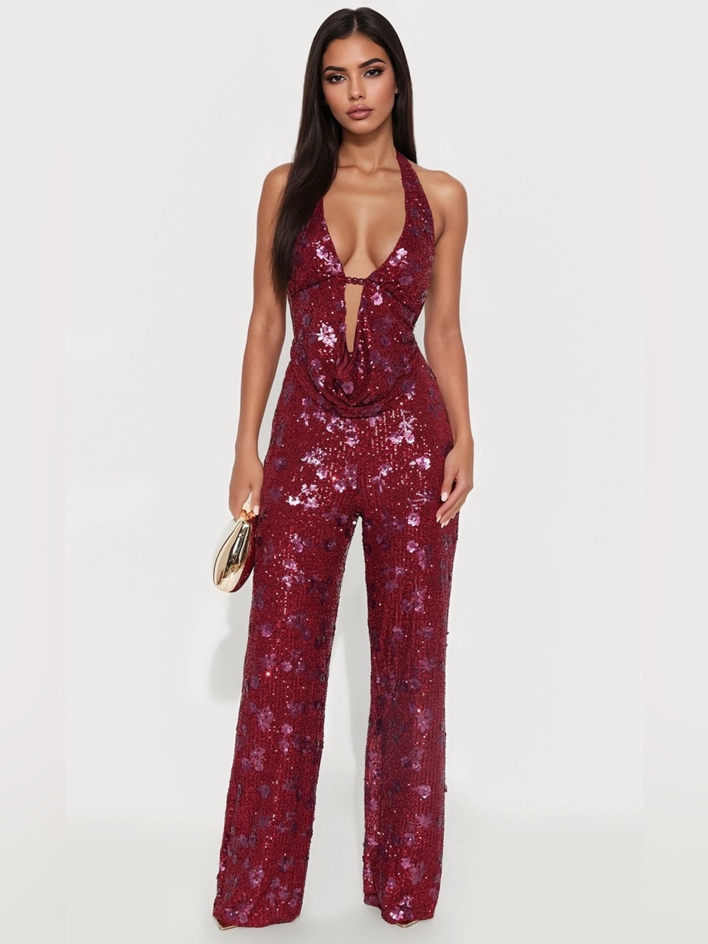 Fashion Nova Burgundy Sequin Halter Jumpsuit